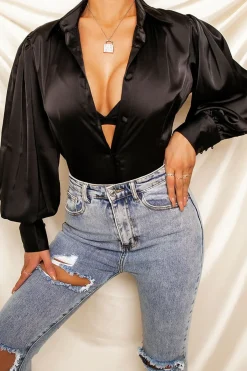 Rebellious Fashion Black Satin Covered Button Shirt - Eliza