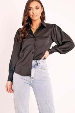 Rebellious Fashion Black Satin Covered Button Shirt - Eliza