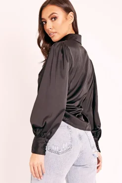 Rebellious Fashion Black Satin Covered Button Shirt - Eliza