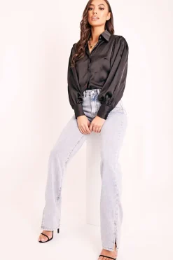 Rebellious Fashion Black Satin Covered Button Shirt - Eliza