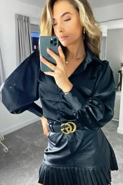 Rebellious Fashion Black Satin Covered Button Shirt - Eliza