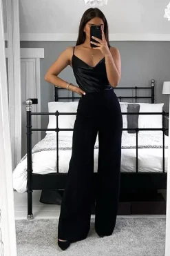 Rebellious Fashion Black Satin Cowl Neck Bodysuit - Miley