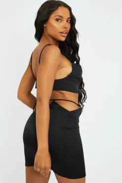 Rebellious Fashion Black Satin Cowl Neck Crop Top - Val