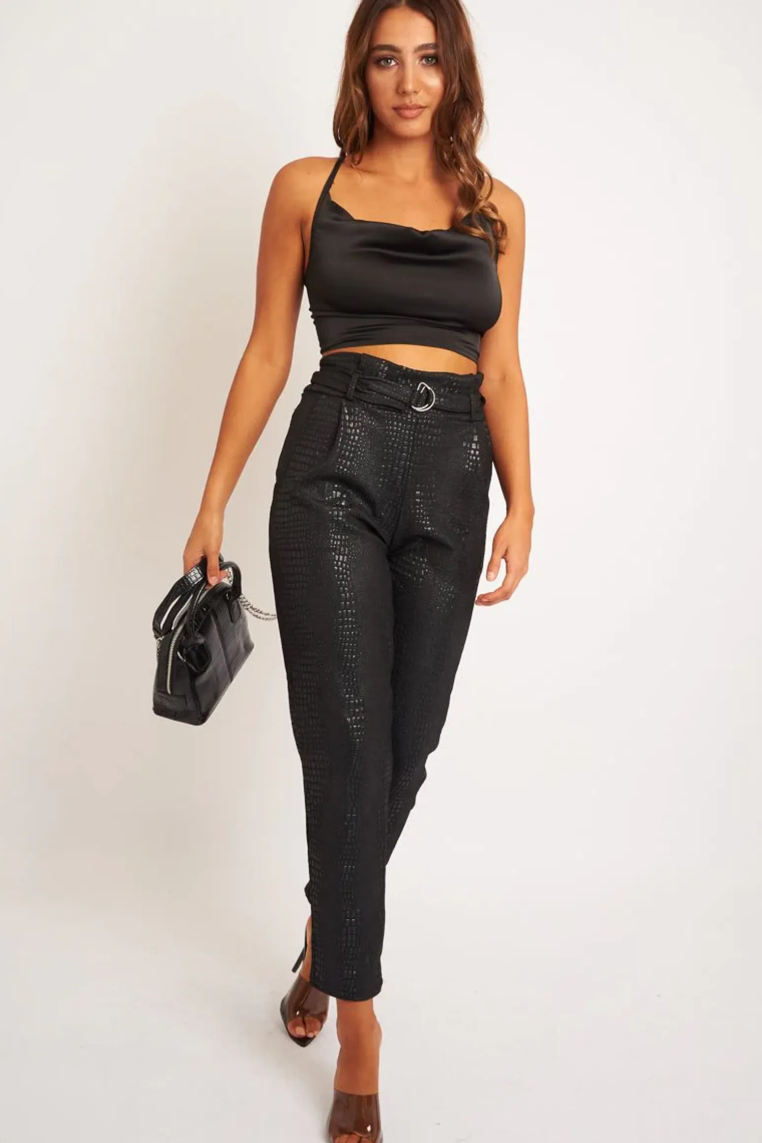 Rebellious Fashion Black Satin Cowl Neck Lace Up Back Crop Top - Kamsi
