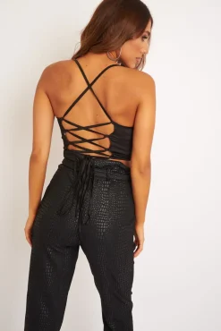 Rebellious Fashion Black Satin Cowl Neck Lace Up Back Crop Top - Kamsi