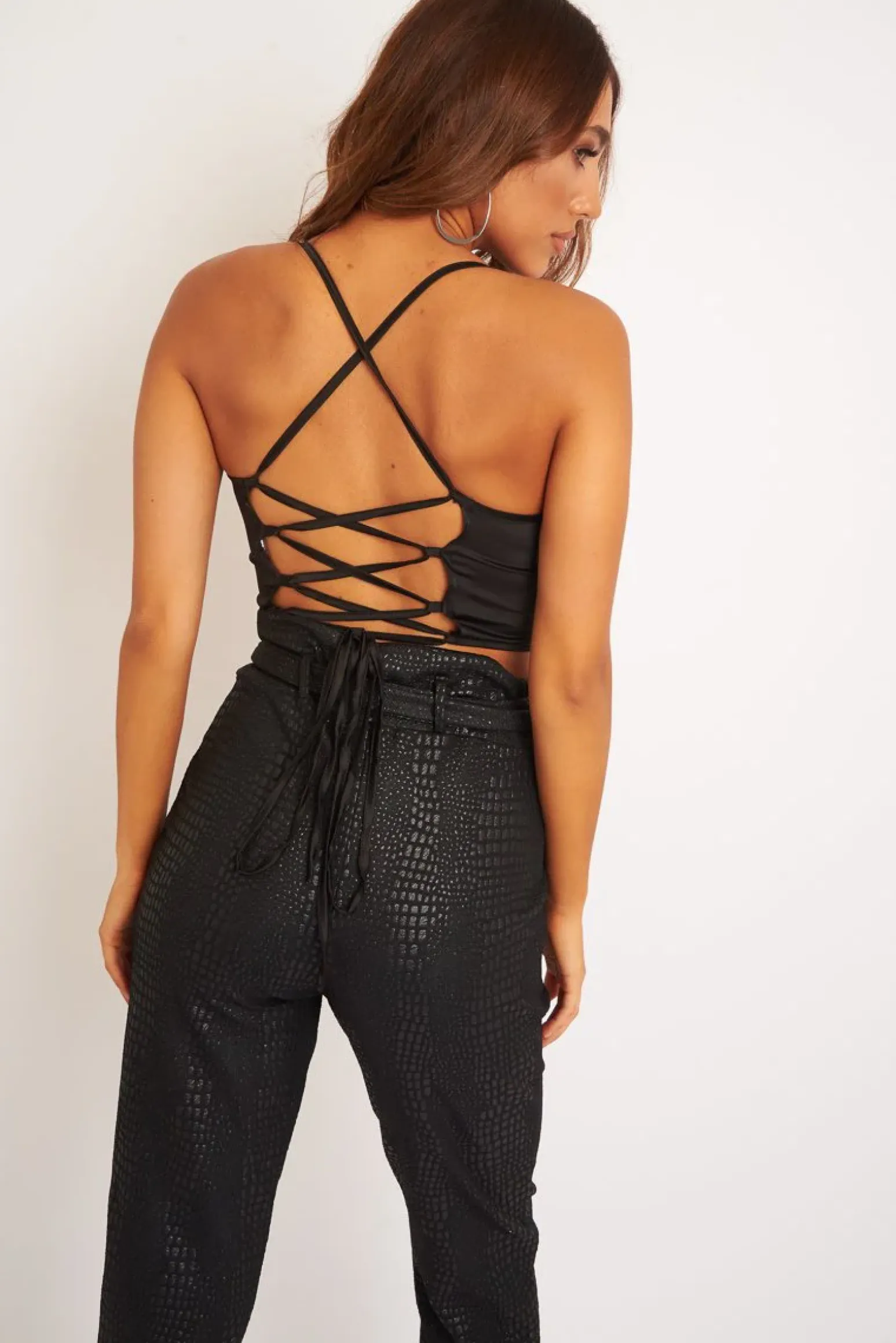 Rebellious Fashion Black Satin Cowl Neck Lace Up Back Crop Top - Kamsi