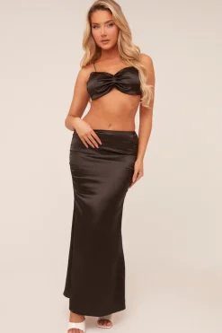 Rebellious Fashion Black Satin Cropped Top & Maxi Skirt Co-ord Set - Judith