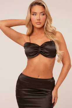 Rebellious Fashion Black Satin Cropped Top & Maxi Skirt Co-ord Set - Judith