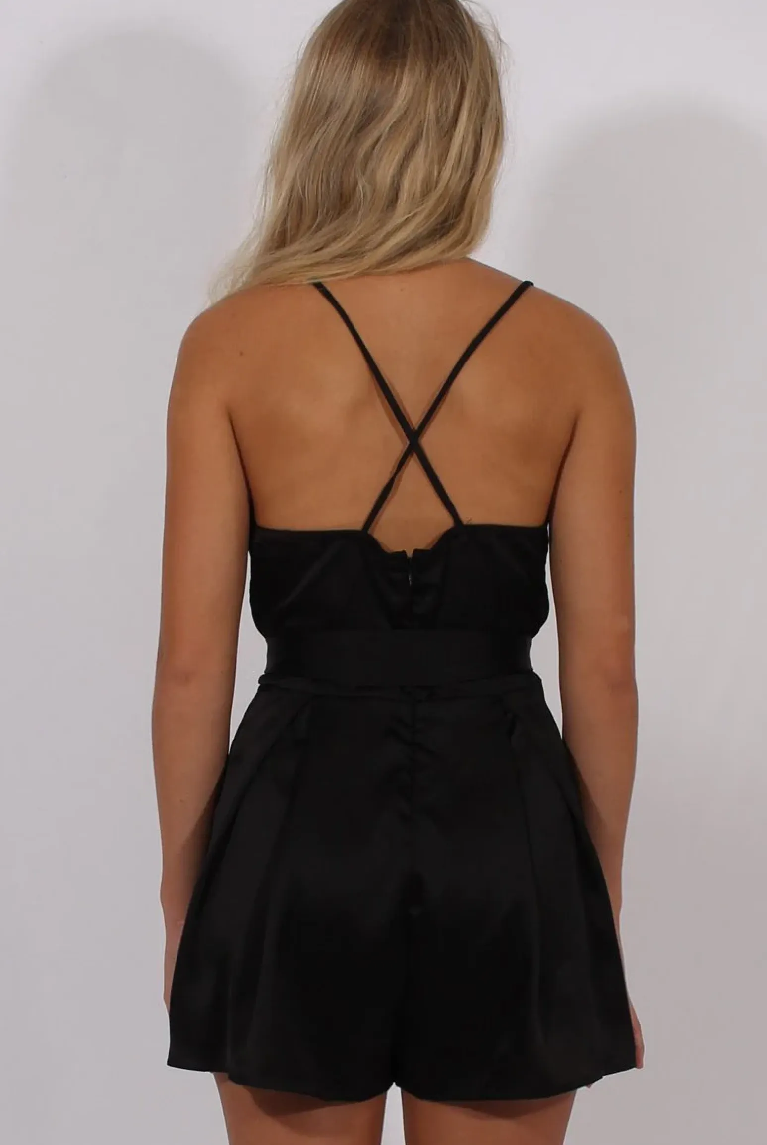 Rebellious Fashion Black Satin Cross Back Choker Playsuit - Carmia