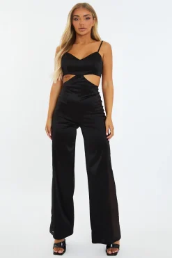 Rebellious Fashion Black Satin Cut Out Fitted Jumpsuit - Sofia