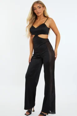 Rebellious Fashion Black Satin Cut Out Fitted Jumpsuit - Sofia