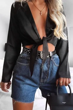 Rebellious Fashion Black Satin Cut Out Tie Front Bodysuit - Ezabella