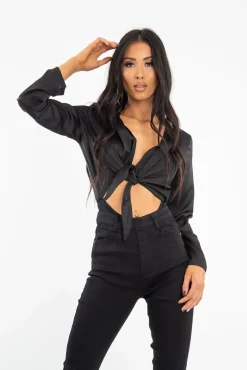 Rebellious Fashion Black Satin Cut Out Tie Front Bodysuit - Ezabella