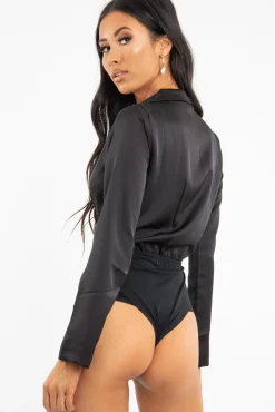 Rebellious Fashion Black Satin Cut Out Tie Front Bodysuit - Ezabella