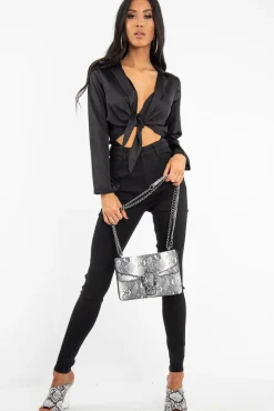 Rebellious Fashion Black Satin Cut Out Tie Front Bodysuit - Ezabella