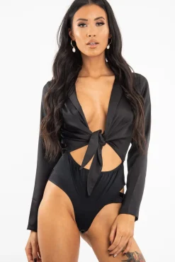 Rebellious Fashion Black Satin Cut Out Tie Front Bodysuit - Ezabella