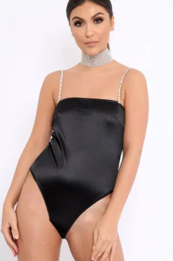 Rebellious Fashion Black Satin Diamante Strap Bodysuit - Abbielee