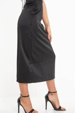 Rebellious Fashion Black Satin Floaty Midi Skirt - Serafina