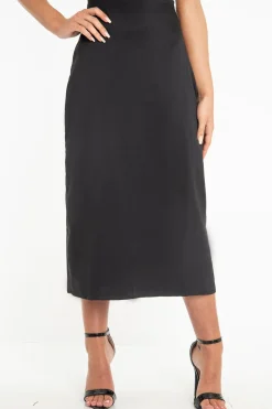 Rebellious Fashion Black Satin Floaty Midi Skirt - Serafina