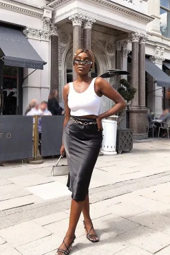 Rebellious Fashion Black Satin Floaty Midi Skirt - Serafina