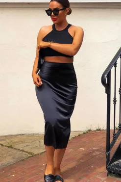 Rebellious Fashion Black Satin Floaty Midi Skirt - Serafina