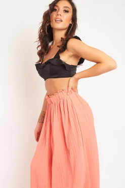 Rebellious Fashion Black Satin Frill Detail Cup Style Crop Top - Elani