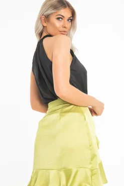Rebellious Fashion Black Satin High Neck Keyhole Detail Bodysuit - Kalina