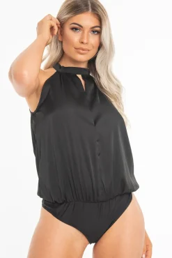 Rebellious Fashion Black Satin High Neck Keyhole Detail Bodysuit - Kalina