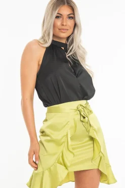 Rebellious Fashion Black Satin High Neck Keyhole Detail Bodysuit - Kalina