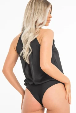 Rebellious Fashion Black Satin High Neck Keyhole Detail Bodysuit - Kalina