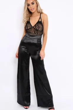 Rebellious Fashion Black Satin High Waist Flare Trousers -Tisha