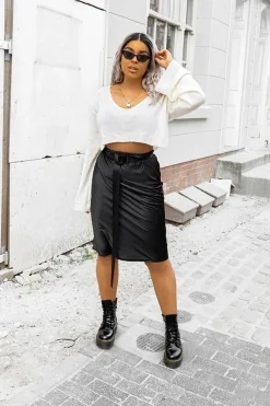 Rebellious Fashion Black Satin High Waist Floaty Midi Skirt - Dasha