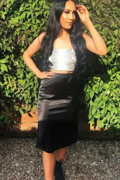 Rebellious Fashion Black Satin High Waist Floaty Midi Skirt - Dasha