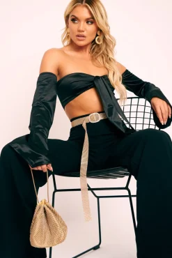 Rebellious Fashion Black Satin Knotted Middle Wide Sleeve Crop Top - Madianna