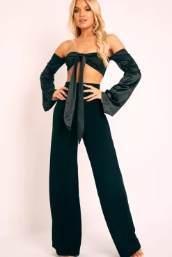 Rebellious Fashion Black Satin Knotted Middle Wide Sleeve Crop Top - Madianna