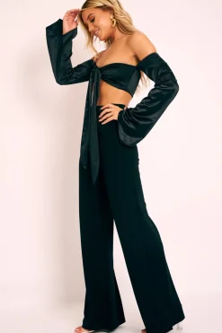 Rebellious Fashion Black Satin Knotted Middle Wide Sleeve Crop Top - Madianna