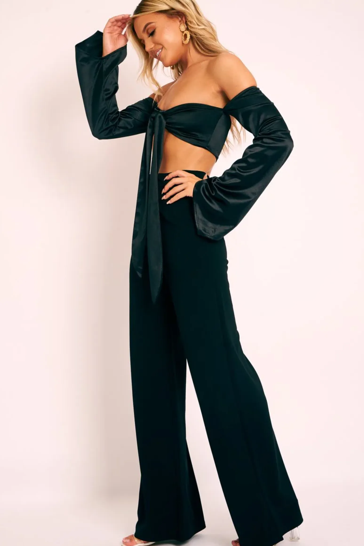 Rebellious Fashion Black Satin Knotted Middle Wide Sleeve Crop Top - Madianna