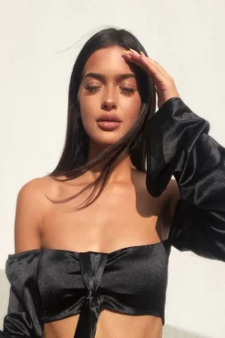 Rebellious Fashion Black Satin Knotted Middle Wide Sleeve Crop Top - Madianna