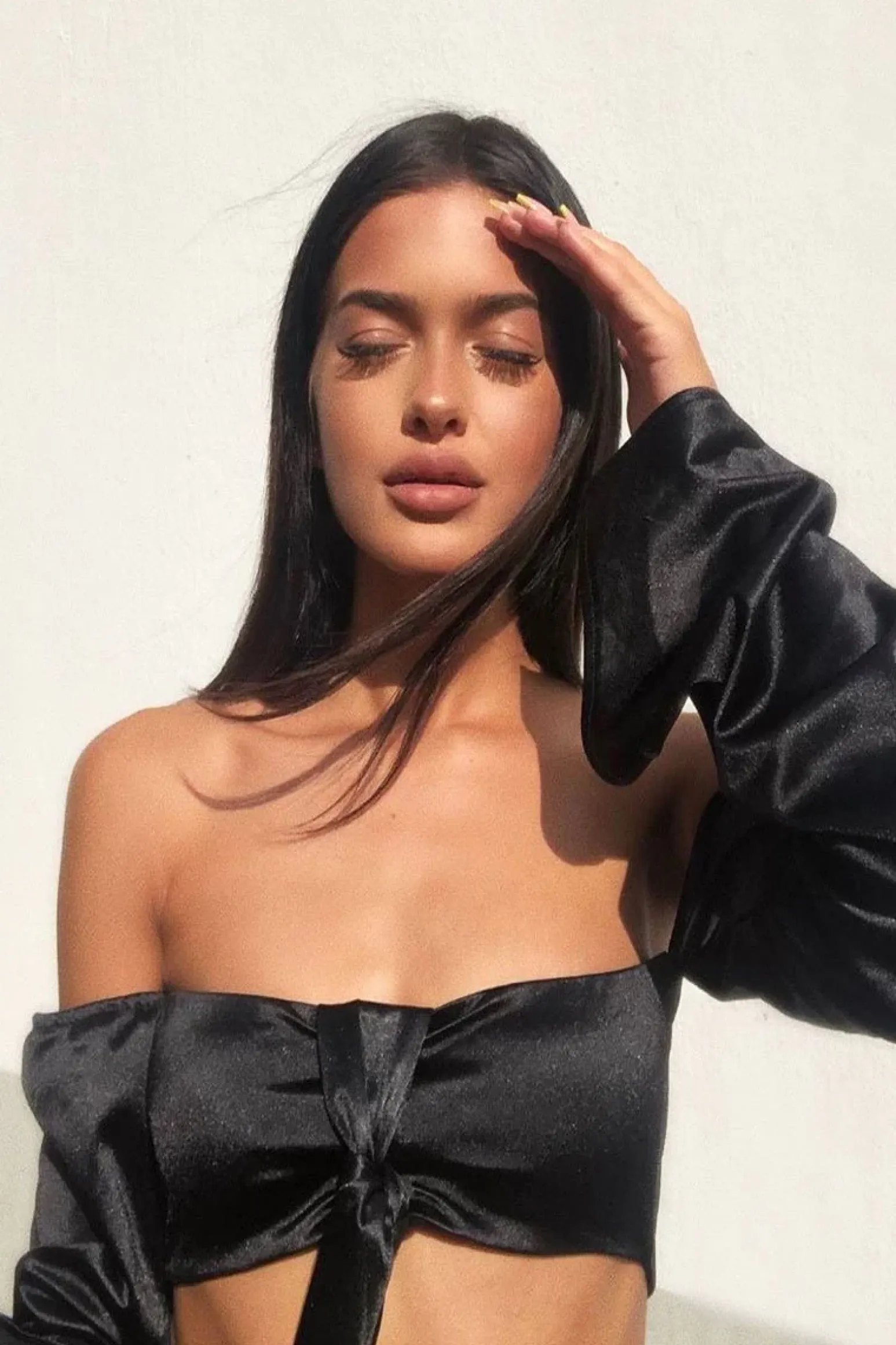 Rebellious Fashion Black Satin Knotted Middle Wide Sleeve Crop Top - Madianna