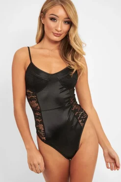 Rebellious Fashion Black Satin Lace Cut Out Bodysuit - Aleiya