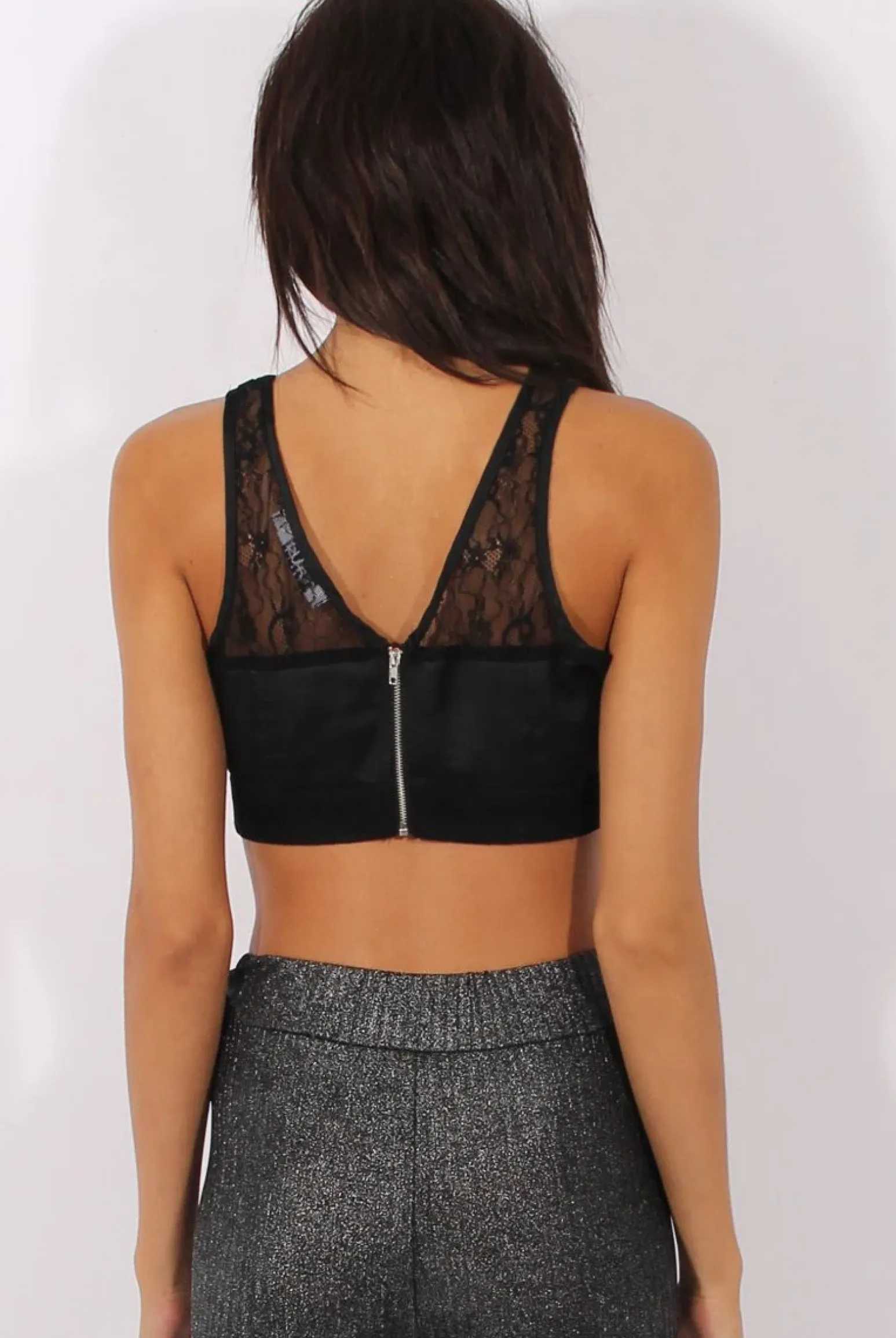 Rebellious Fashion Black Satin Lace Trim Crop Top - Atlanta