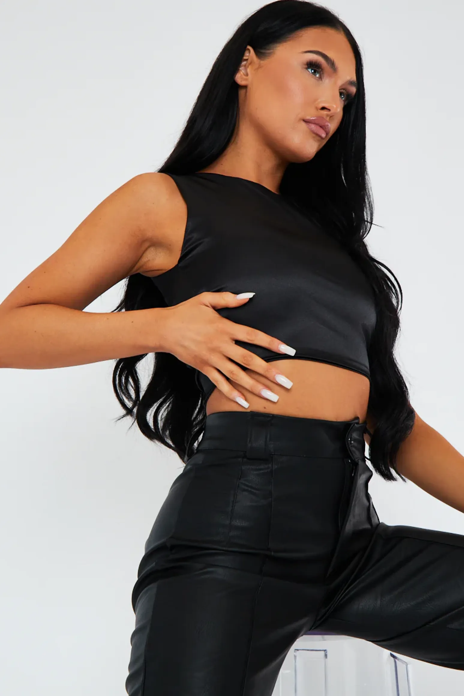 Rebellious Fashion Black Satin Lace Up Back Crop Top - Esti