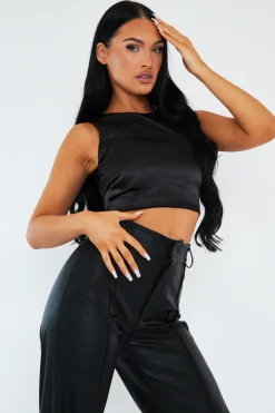 Rebellious Fashion Black Satin Lace Up Back Crop Top - Esti