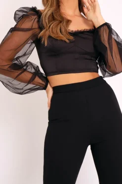 Rebellious Fashion Black Satin Mesh Sleeve Ruched Detail Crop Top - Rya