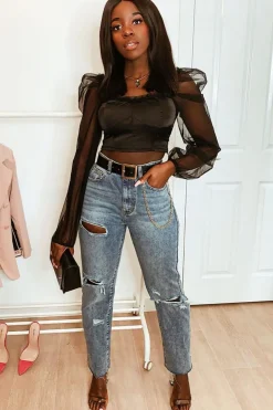 Rebellious Fashion Black Satin Mesh Sleeve Ruched Detail Crop Top - Rya