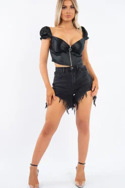 Rebellious Fashion Black Satin Milkmaid Ring Zip Crop Top - Aariel