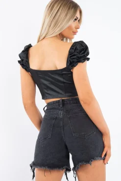 Rebellious Fashion Black Satin Milkmaid Ring Zip Crop Top - Aariel