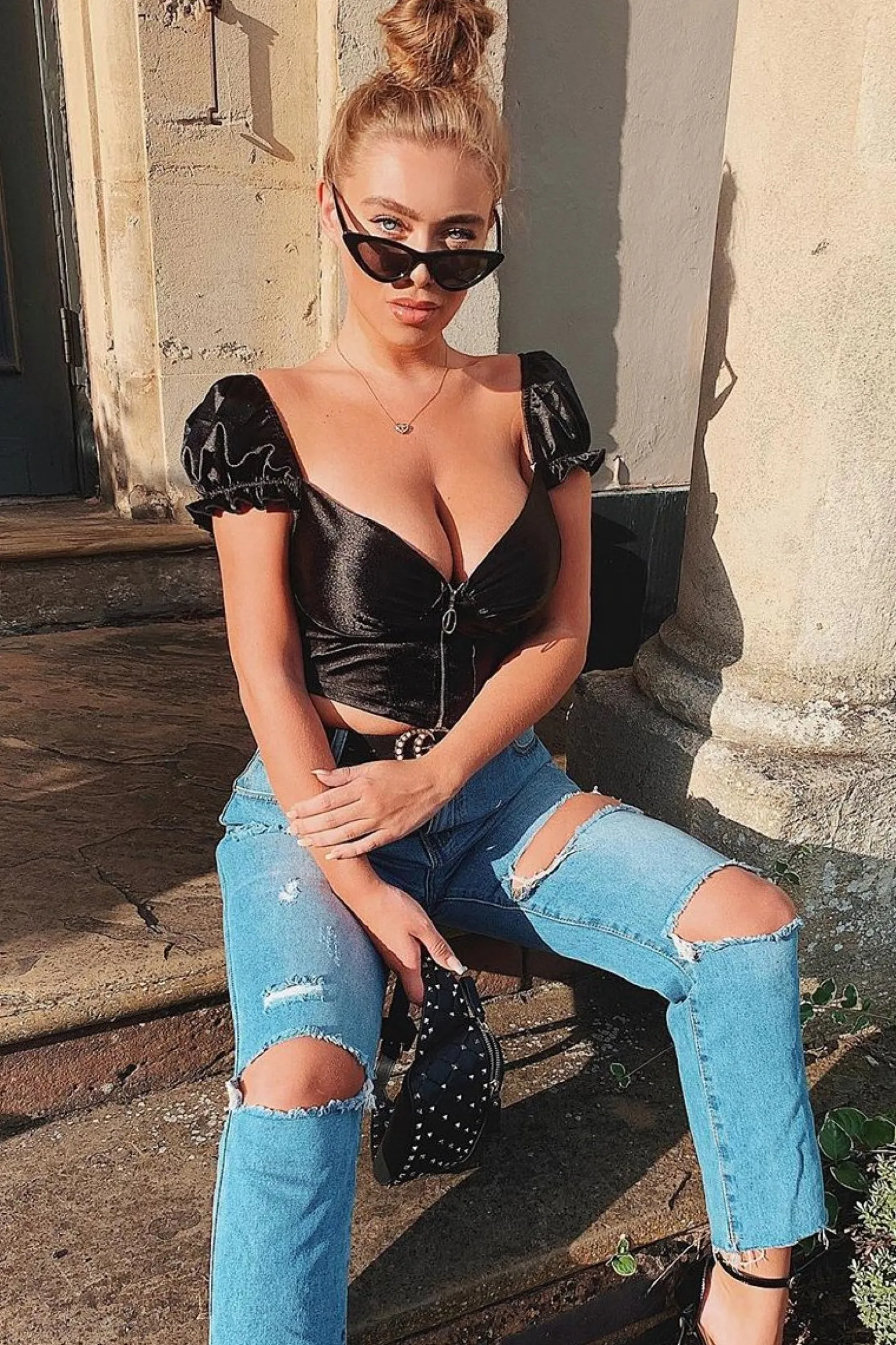 Rebellious Fashion Black Satin Milkmaid Ring Zip Crop Top - Aariel