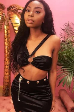 Rebellious Fashion Black Satin One Shoulder Top Skirt Co-Ord - Deandria