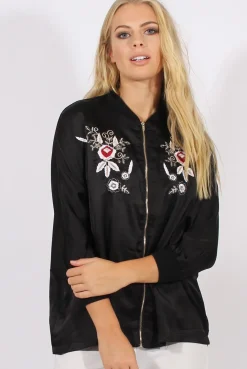 Rebellious Fashion Black Satin Oversized Embroidered Jacket - North